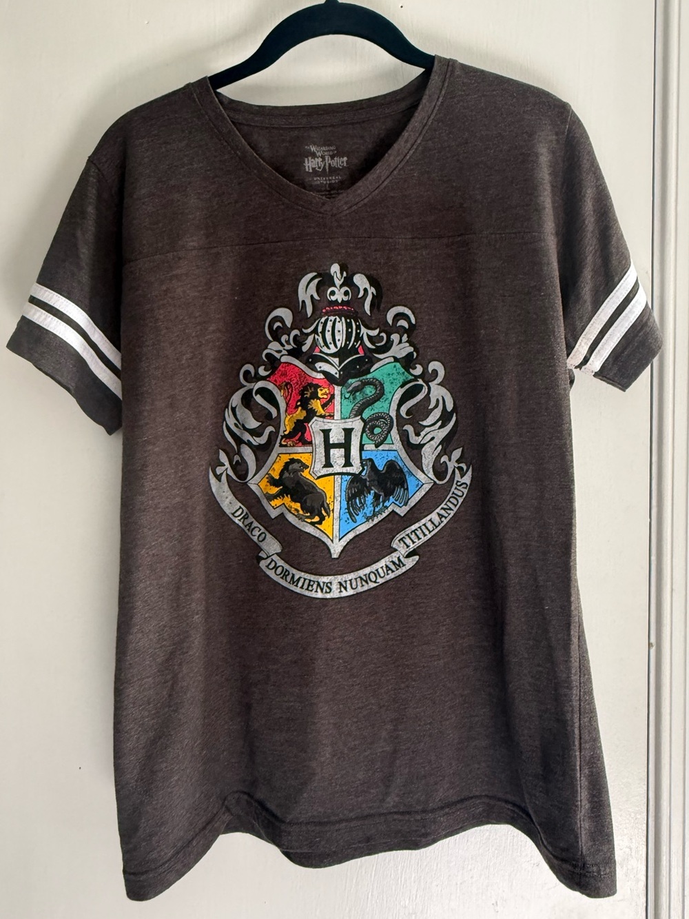 Harry Potter Hogwarts Crest Tee — Dark Gray with Multicolor Crest Size L